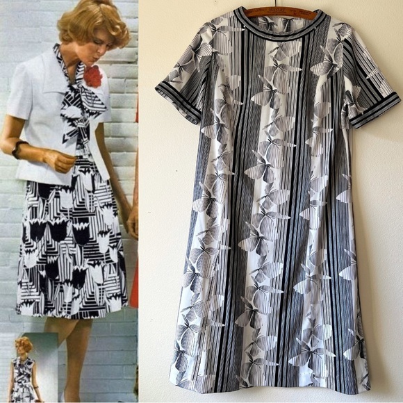Vintage Butterfly Art Print Short Sleeve Black Midi Dress main image 1